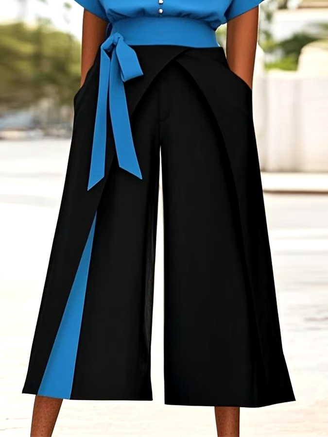 Women's Casual V-Neck Button Contrast Color Two-Piece Set