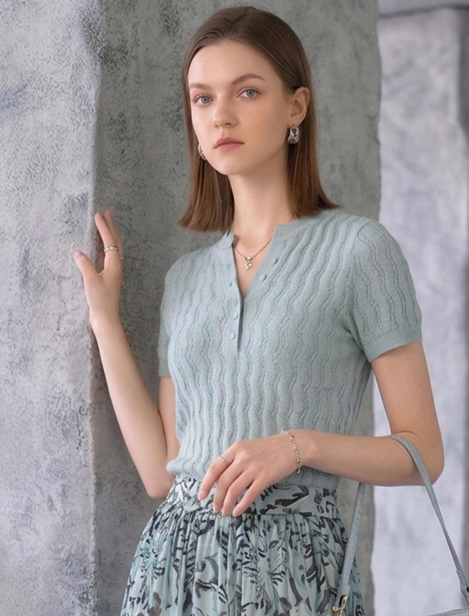 Wavy Openwork Tencel Linen Henley Knit Top