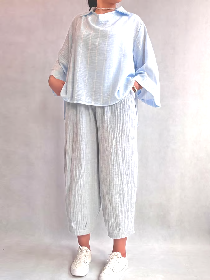 Women's Casual Striped Lapel Top and Pleated Pants Set
