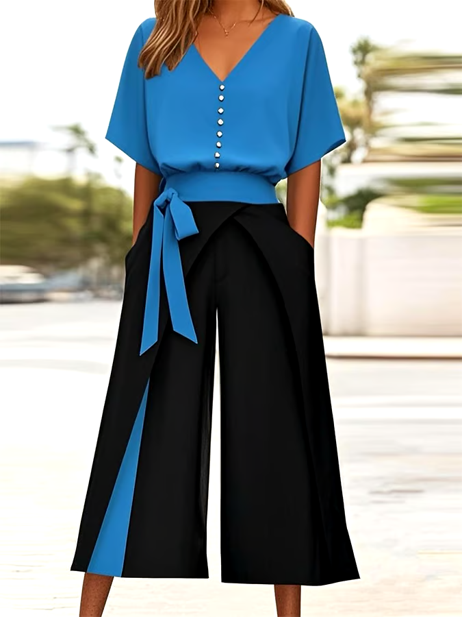 Women's Casual V-Neck Button Contrast Color Two-Piece Set
