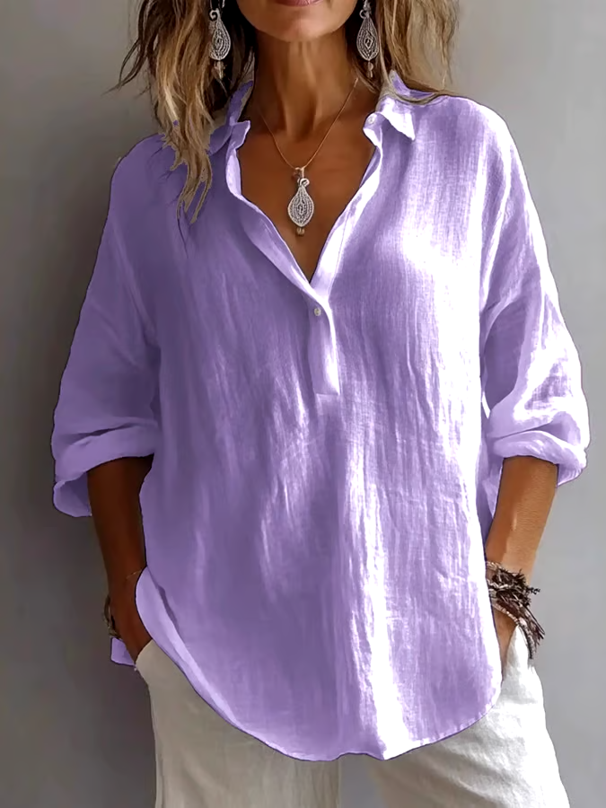 Women's Casual Solid Color Loose Long Sleeve Linen Lapel Shirt
