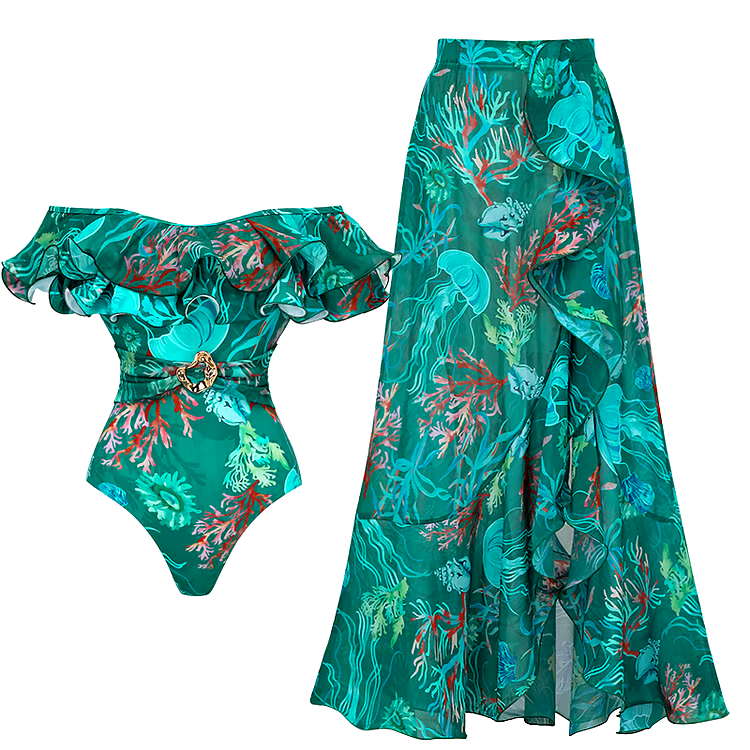 Removable Shoulder Strap Off Shoulder Marine Organism One Piece Swimsuit Set