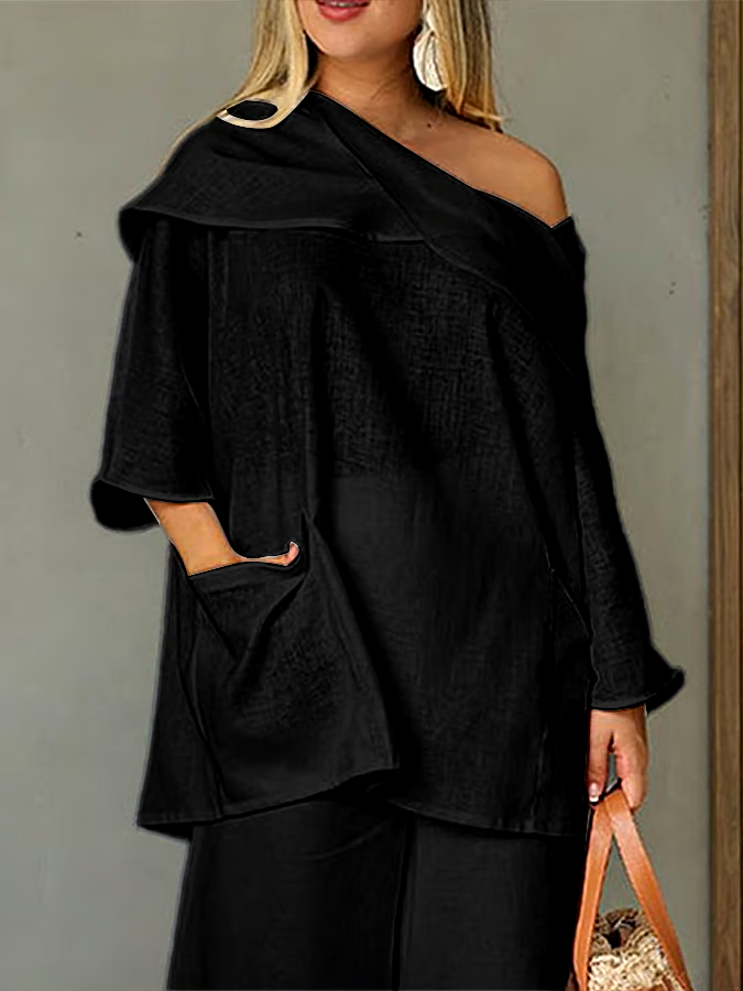 Women's Casual Solid Color Long Sleeve Cotton and Linen Top