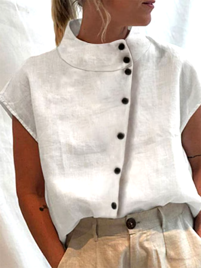 Summer Women's Cotton&Linen High Collar Button Short Sleeve Shirt