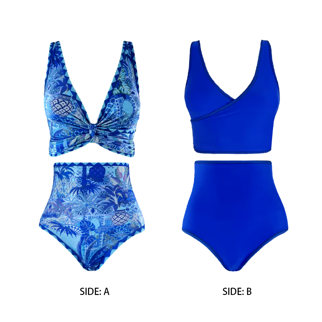 Blue Reversible High Waist Bikini And Sarong Swimsuit Set