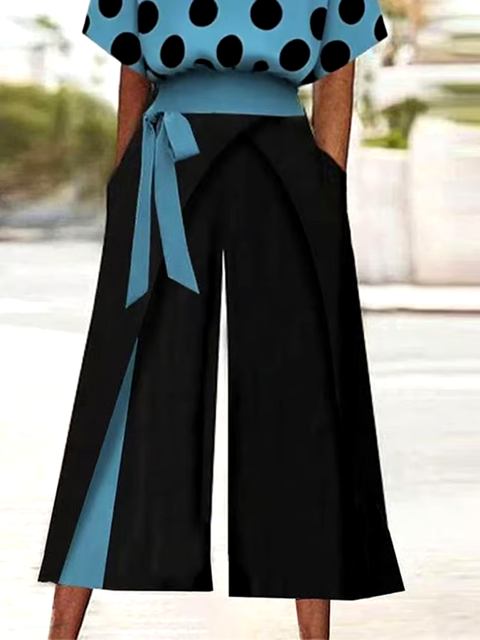 Women's Casual Round Neck Polka Dot Printed Trousers Two-Piece Set