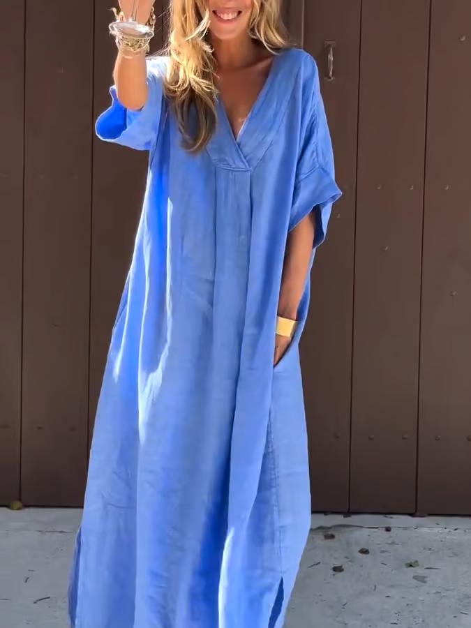 Women'S Casual Solid Color Short-Sleeved V-Neck Cotton And Linen Dress