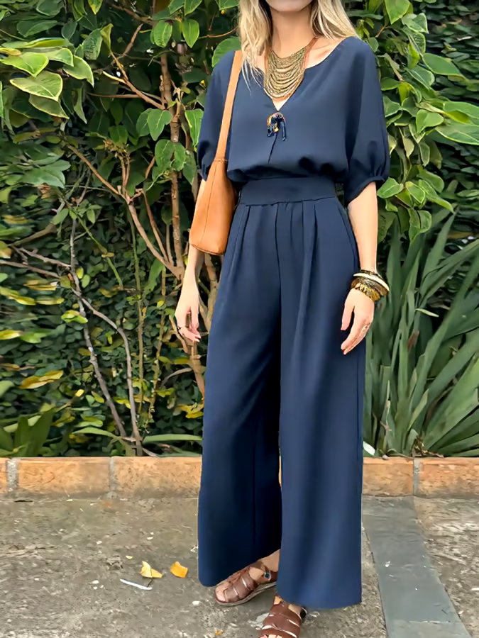 Women's Casual V-Neck Button Top and Pants Two-Piece Set