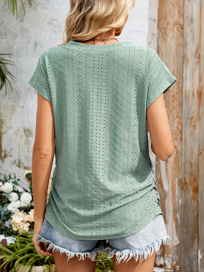 Women'S Casual Solid Color V-Neck Pocket Short Sleeve T-Shirt