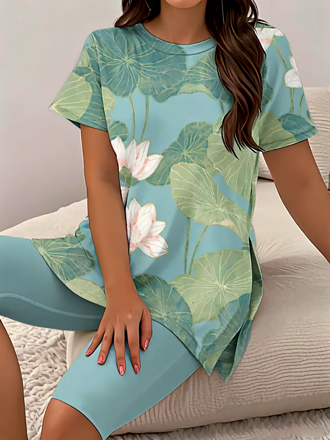 Women's Casual Round Neck  Print Short Sleeve T-Shirt Shorts Set