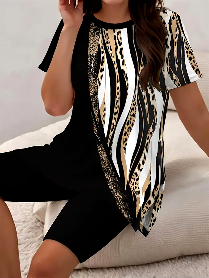 Women'S Casual Round Neck Leopard Print Short-Sleeved T-Shirt Shorts Set