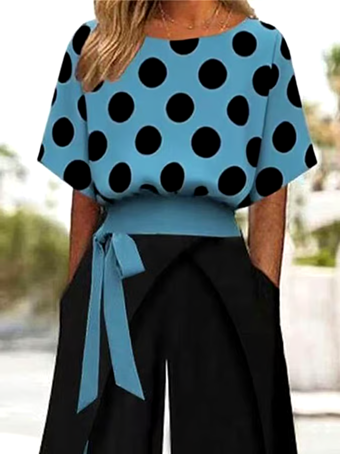 Women's Casual Round Neck Polka Dot Printed Trousers Two-Piece Set