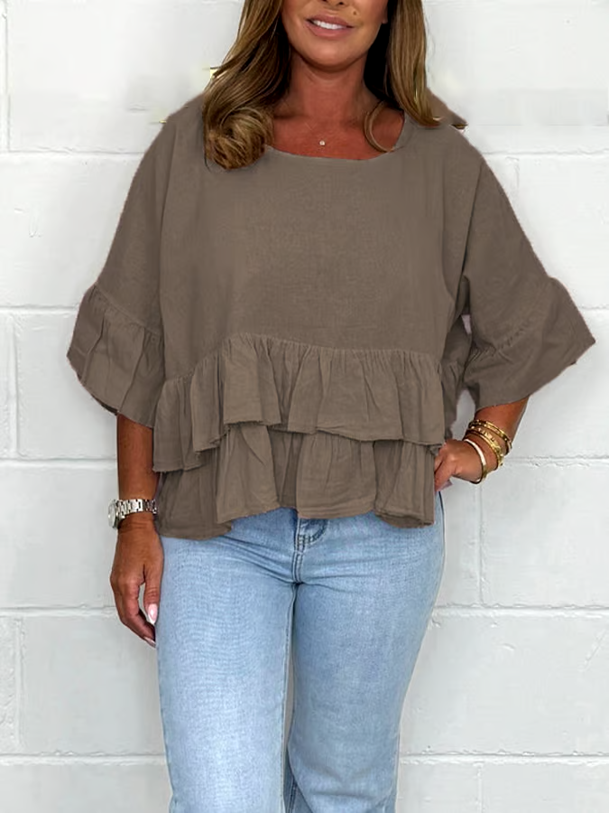 Women'S Solid Color Round Neck Ruffled Cotton And Linen Top