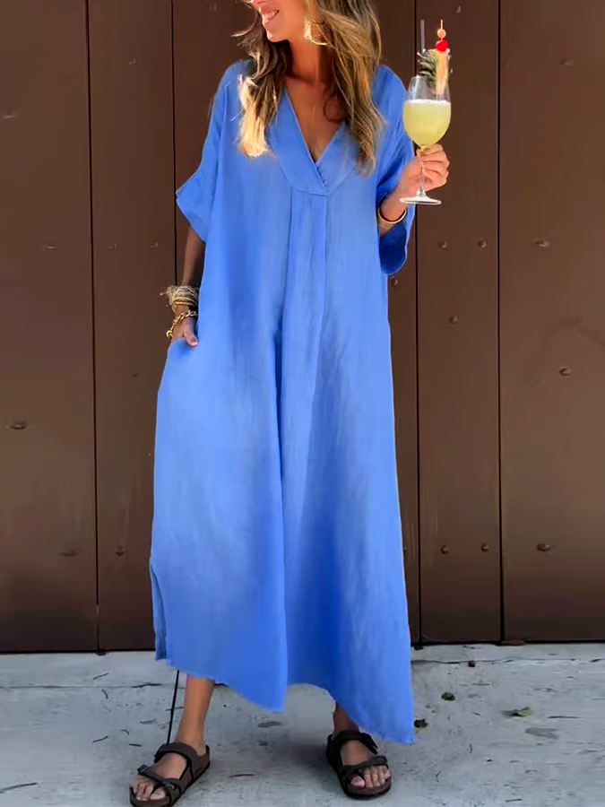 Women'S Casual Solid Color Short-Sleeved V-Neck Cotton And Linen Dress