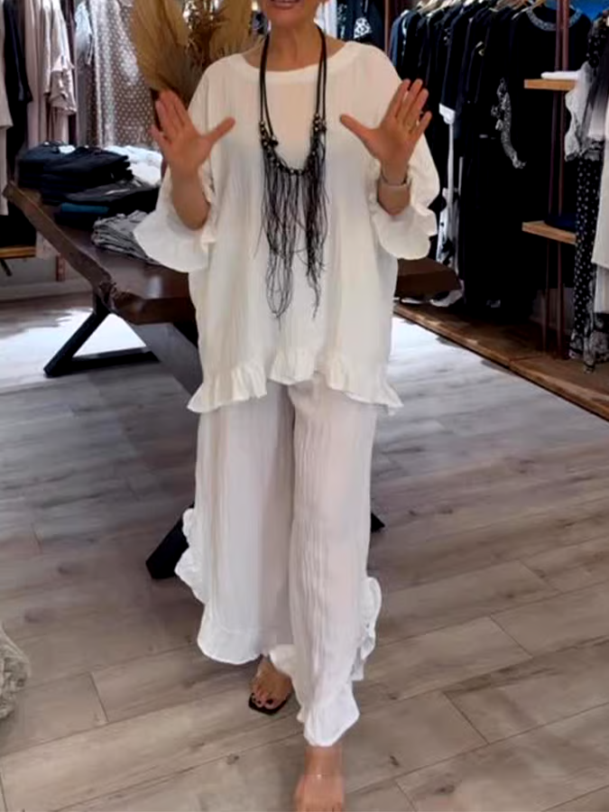 Women'S Solid Color Round Neck Lotus Leaf Sleeve Pleated Casual Set