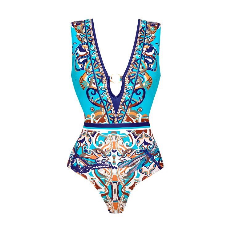 V Neck Print Mini Skirt Swimsuit Set