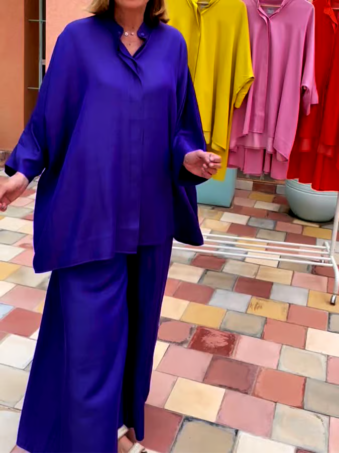 Women'S Solid Color Round Neck Loose Casual Trousers Two-Piece Set