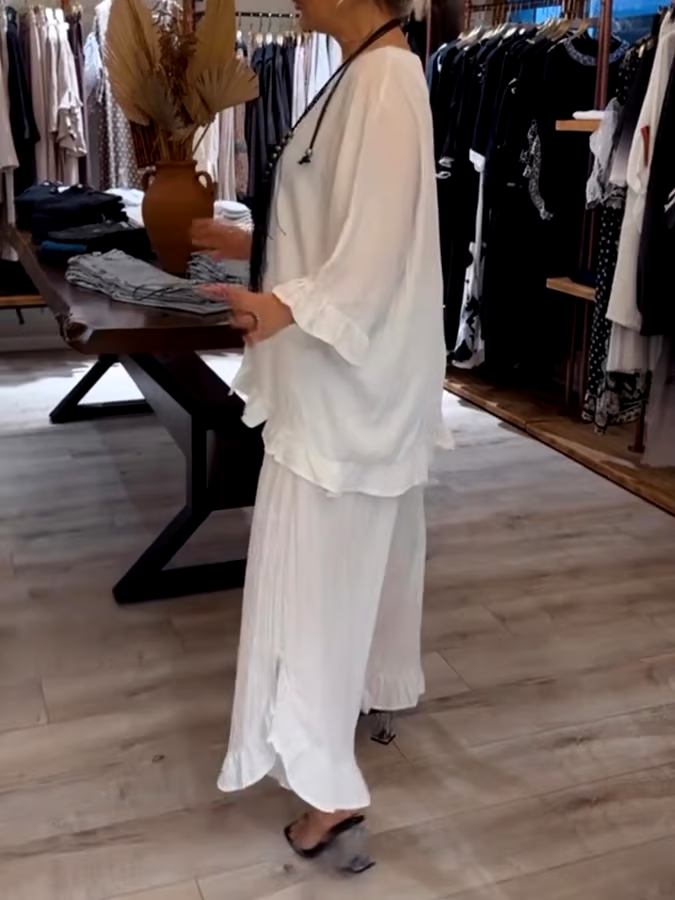 Women'S Solid Color Round Neck Lotus Leaf Sleeve Pleated Casual Set