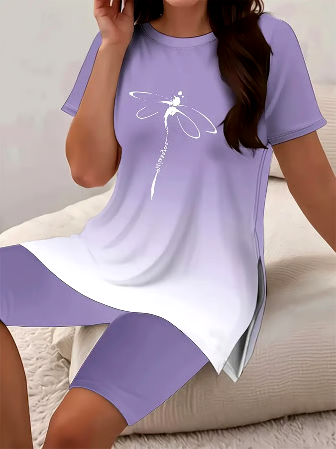 Women's Casual Round Neck Gradient Pattern Short Sleeve T-Shirt Shorts Set