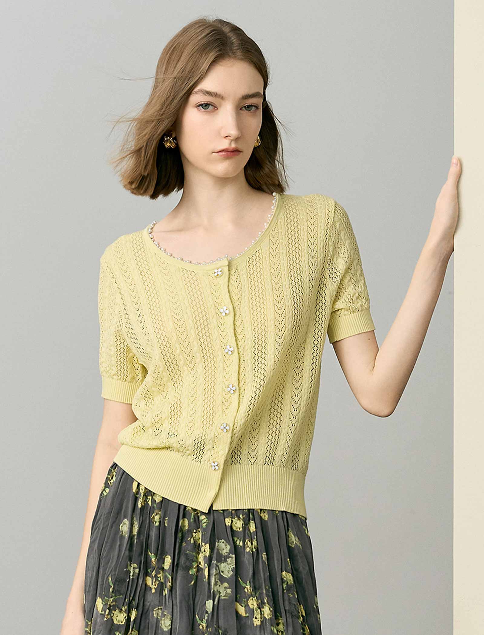 Pale Yellow Tencel Pearl Trim Knit Cardigan