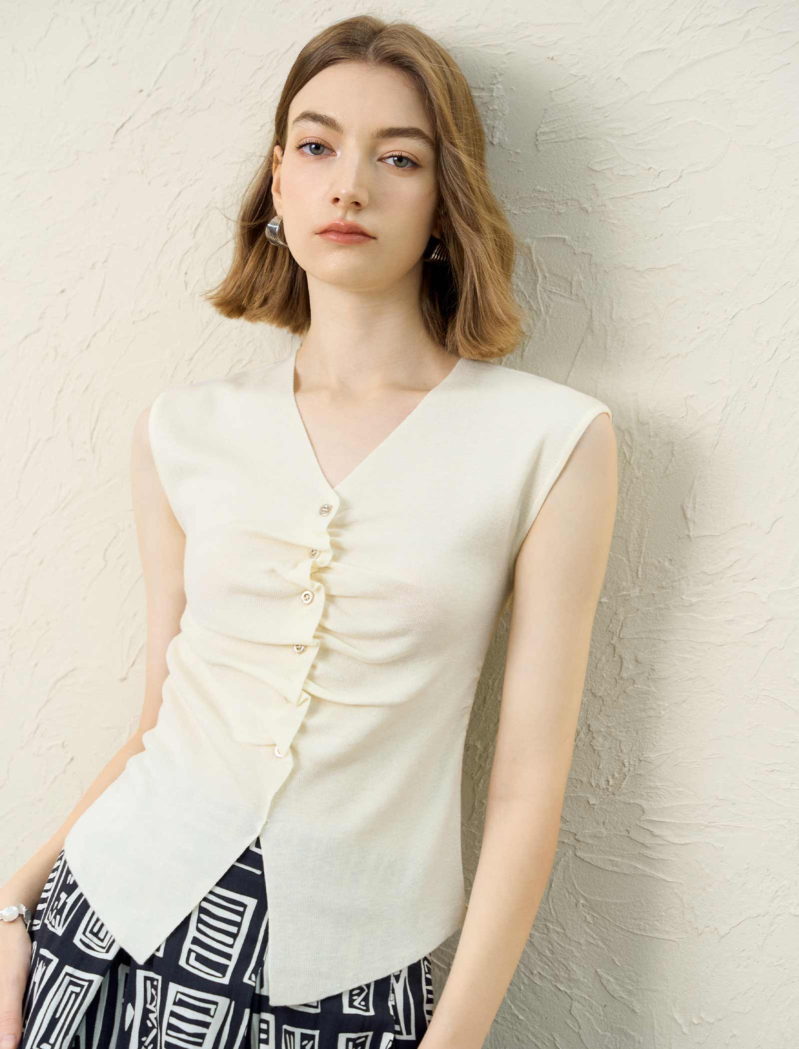 Ruched Knit Sleeveless V-Neck Top