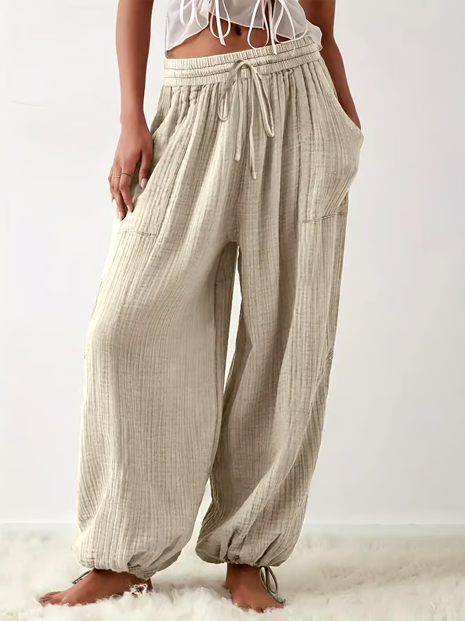 Women'S Solid Color Loose Cotton And Linen Lace-Up Casual Pants