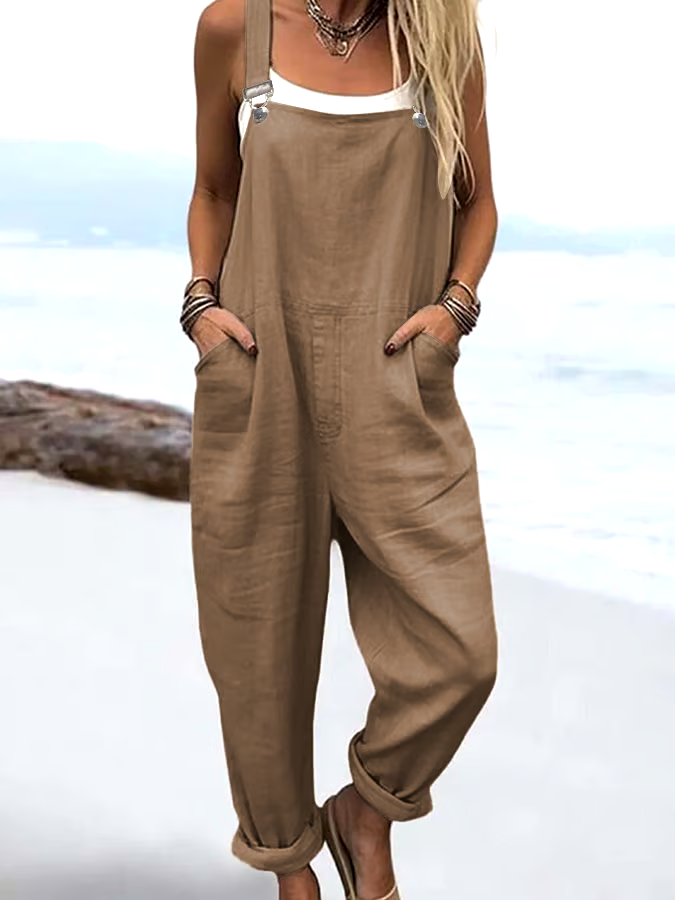 Women'S Casual Solid Color Cotton And Linen Overalls