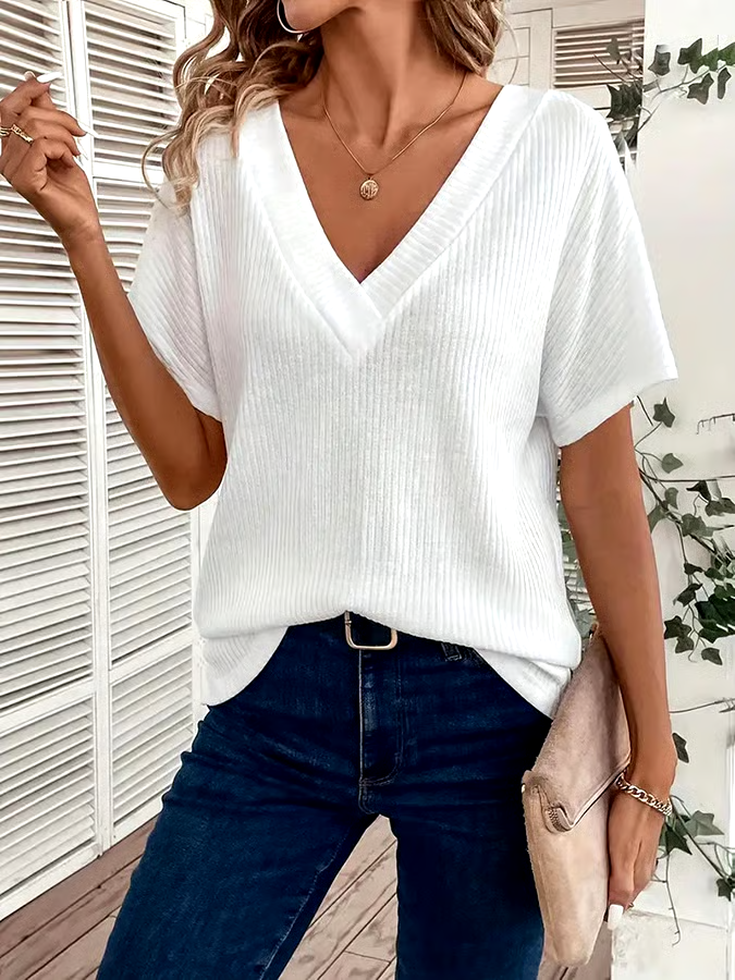 Women's Casual Loose V-neck Solid Color T-Shirt