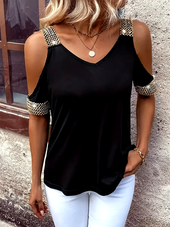 Women'S Solid Color Off-Shoulder Metal Stitching Short-Sleeved Top