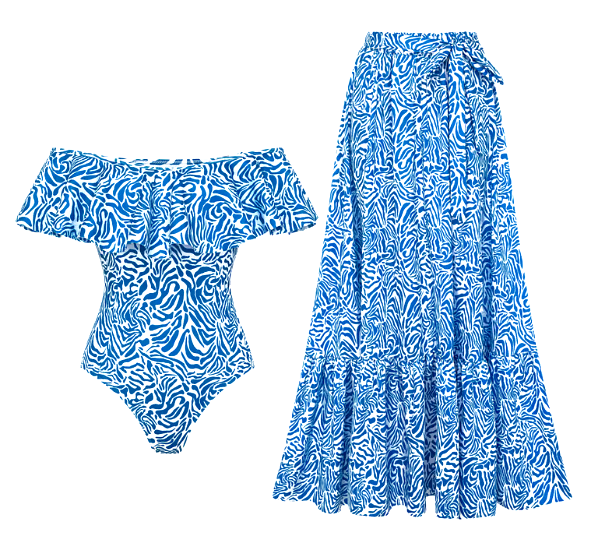 Ruffle Printed One Piece  Swimsuit Set