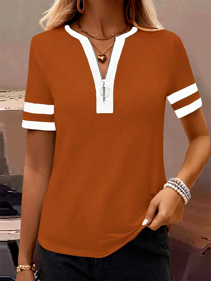 Women's Spring and Summer Solid Color Casual Splicing Zipper Top