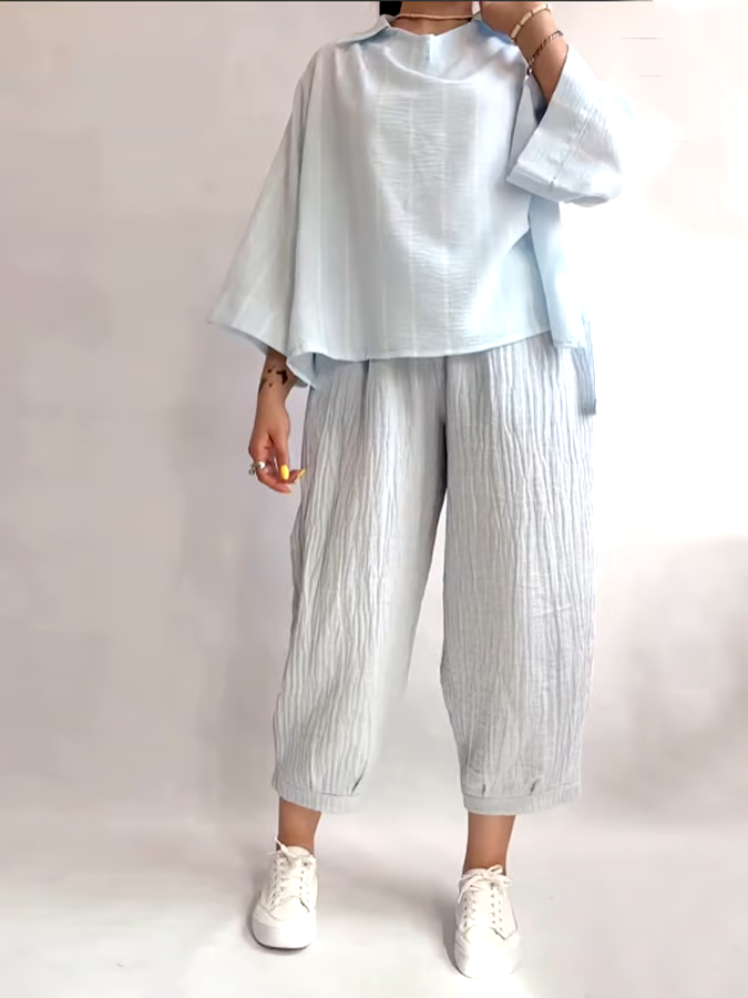 Women's Casual Striped Lapel Top and Pleated Pants Set