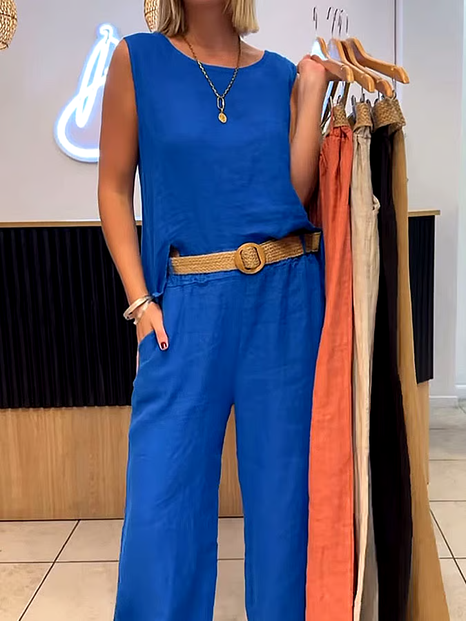 Women's Casual Solid Color Round Neck Vest Trousers Cotton and Linen Two-piece Set