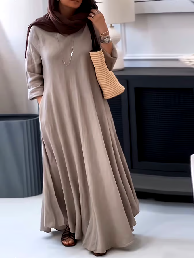 Women's Casual Solid Color V-Neck Long Sleeve Cotton and Linen Dress
