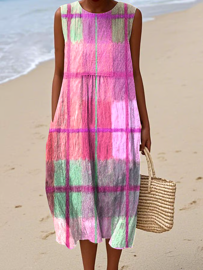 Women's Casual Colorblock Plaid Sleeveless Dress