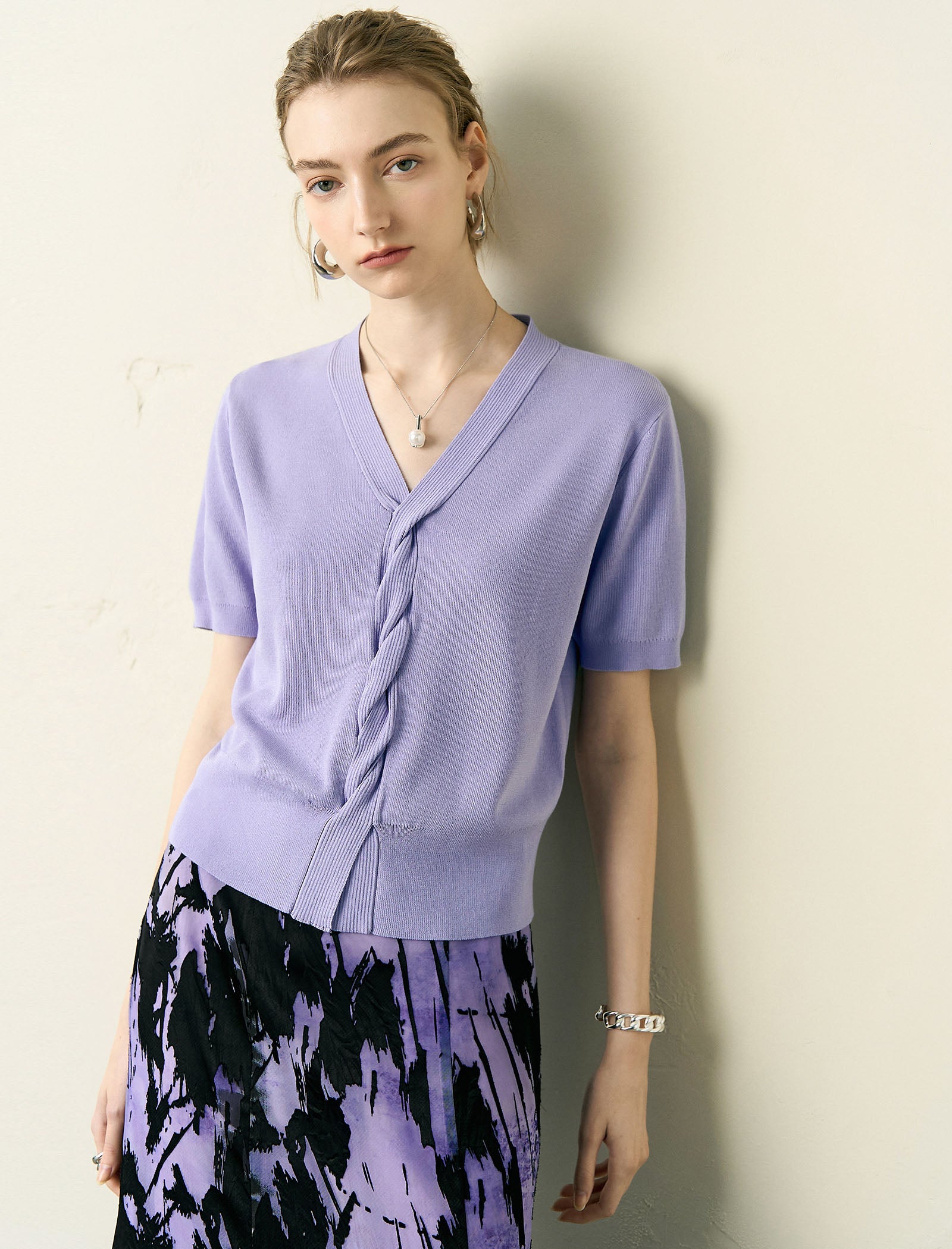 V-Neck Cable-Knit Short Sleeve Top