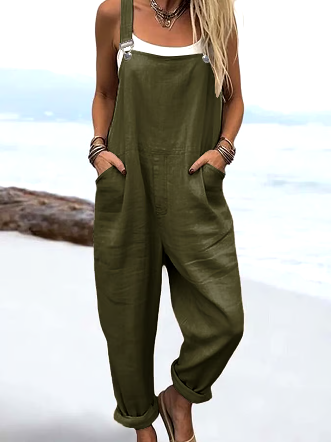 Women'S Casual Solid Color Cotton And Linen Overalls