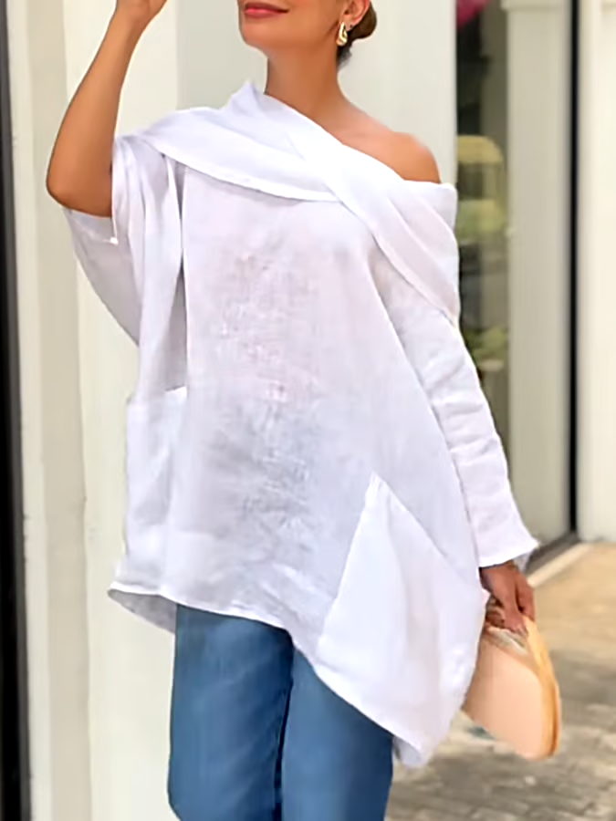 Women's Casual Solid Color Long Sleeve Cotton and Linen Top