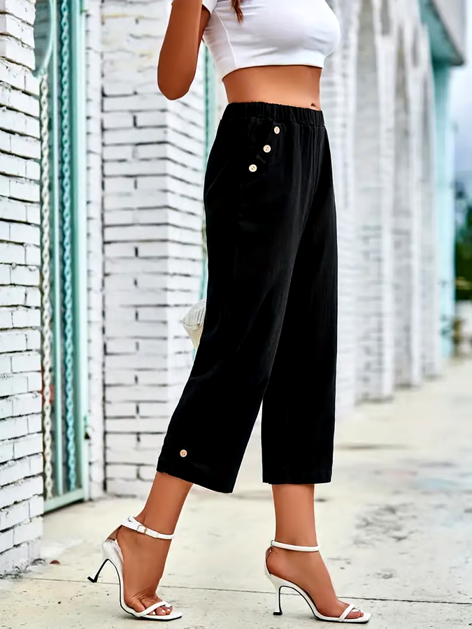 Women's Casual Solid Color Loose Button Cotton and Linen Cropped Pants