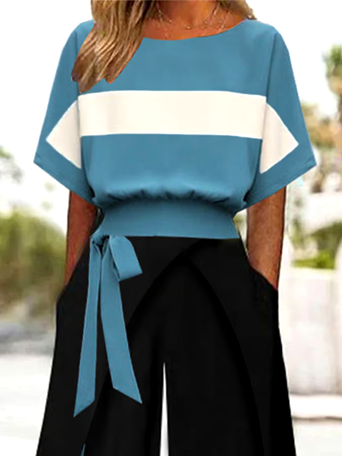 Women's Casual Round Neck Contrast Color Pants Two-Piece Set