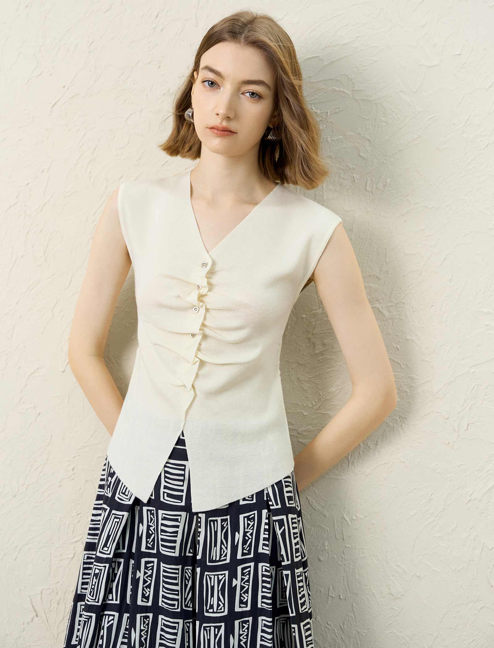 Ruched Knit Sleeveless V-Neck Top