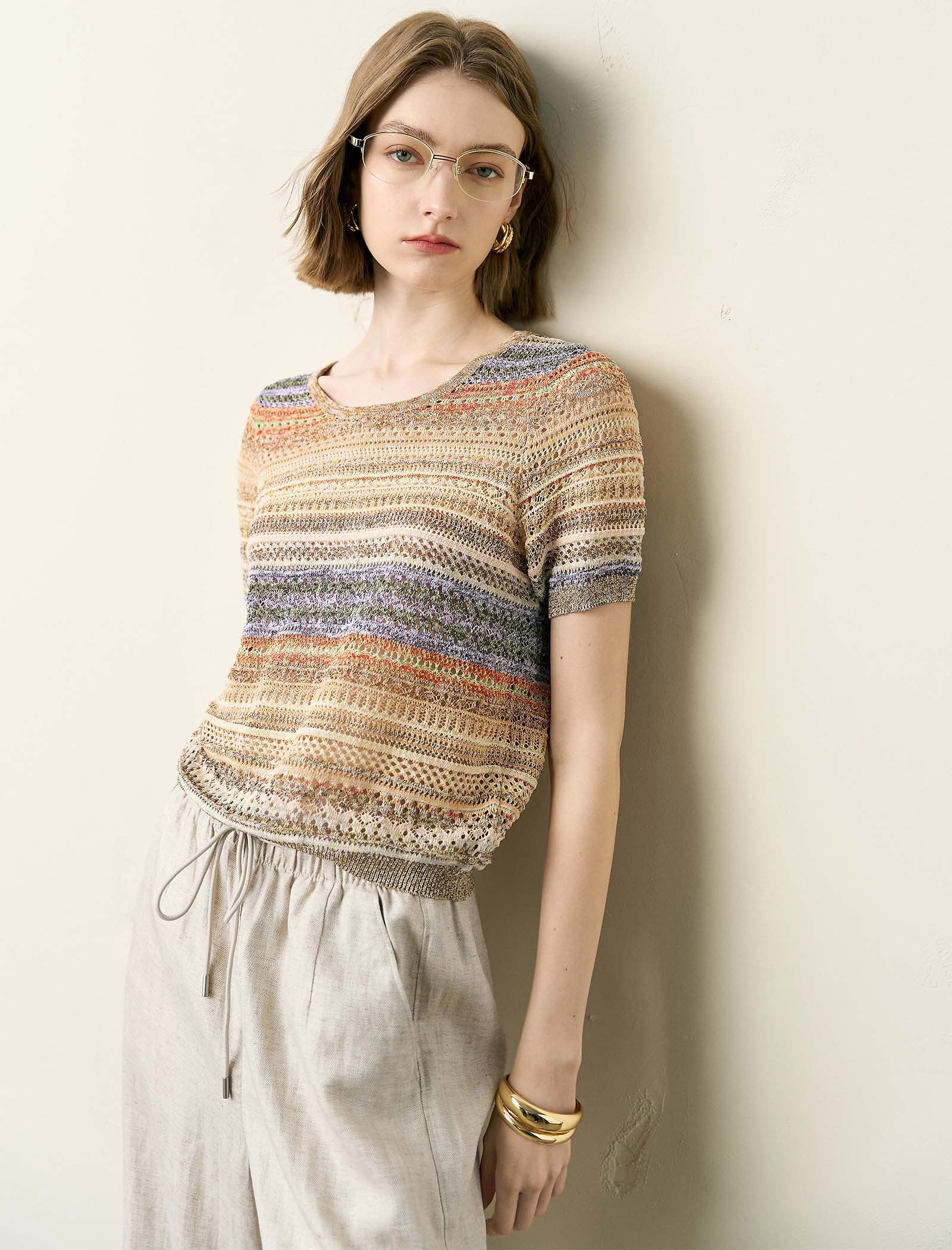 Colorful Striped Short Sleeve Knit Top