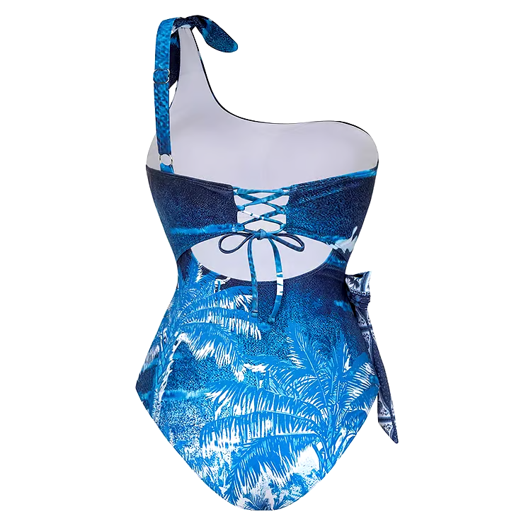 One Shoulder Print One Piece Swimsuit Set