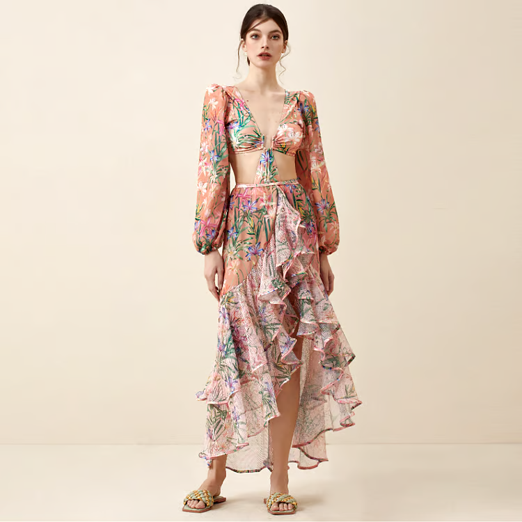 DBVACAY V Neck Cutout Floral Print Fishtail Skirt Swimsuit Set