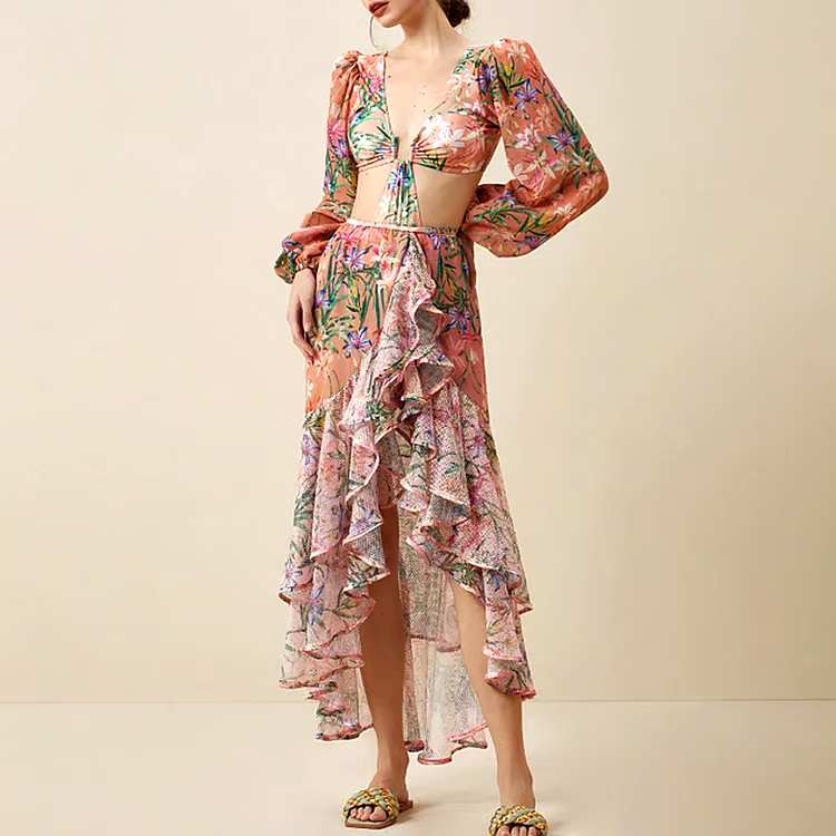 DBVACAY V Neck Cutout Floral Print Fishtail Skirt Swimsuit Set