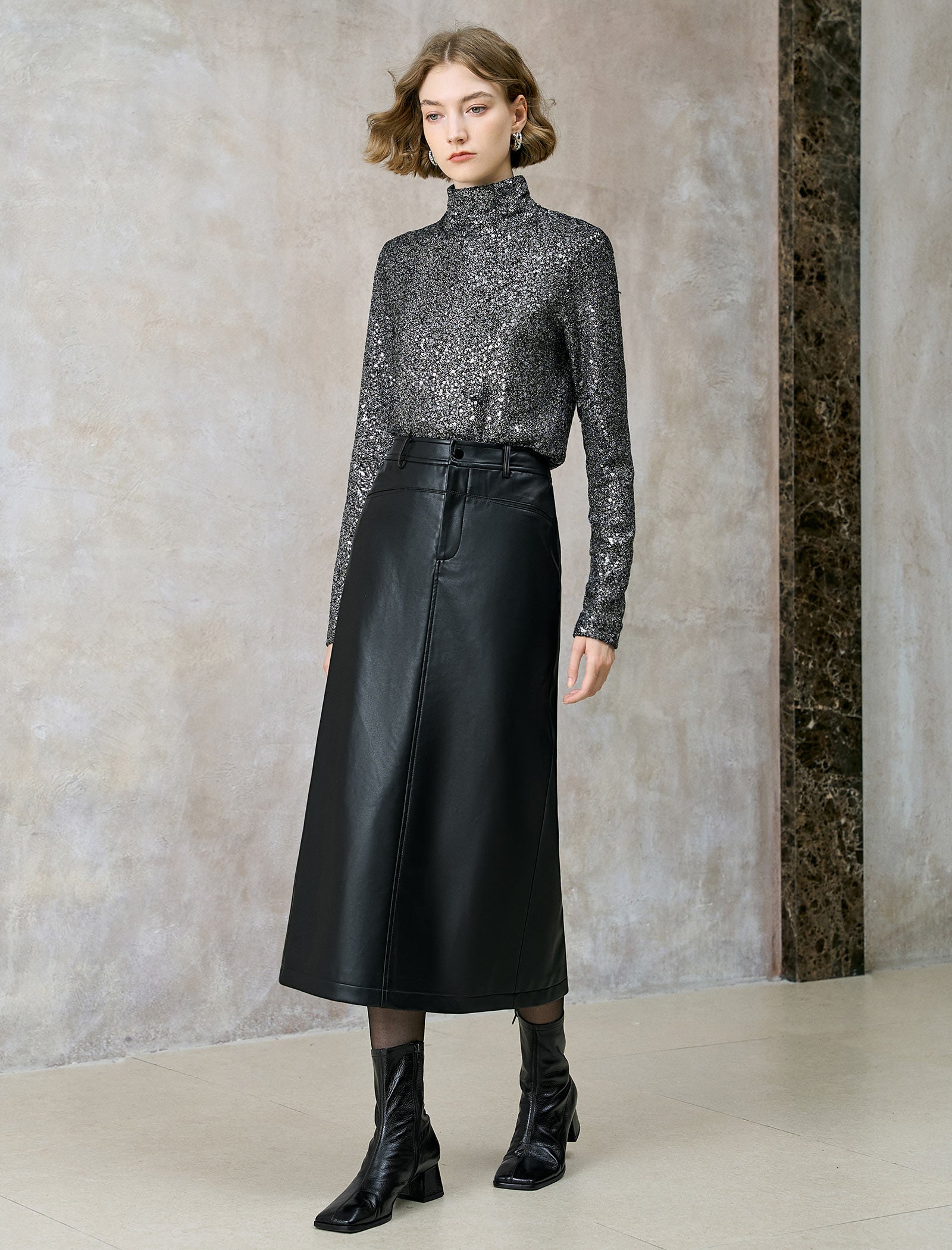 All-Over Sequin Turtleneck Long-Sleeve Top