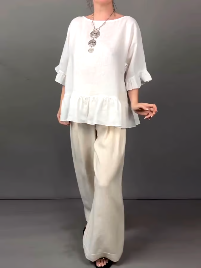 Women's Casual Solid Color Ruffled Top Contrast Color Cotton and Linen Two-piece Set