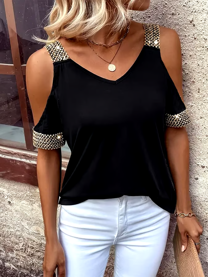 Women'S Solid Color Off-Shoulder Metal Stitching Short-Sleeved Top