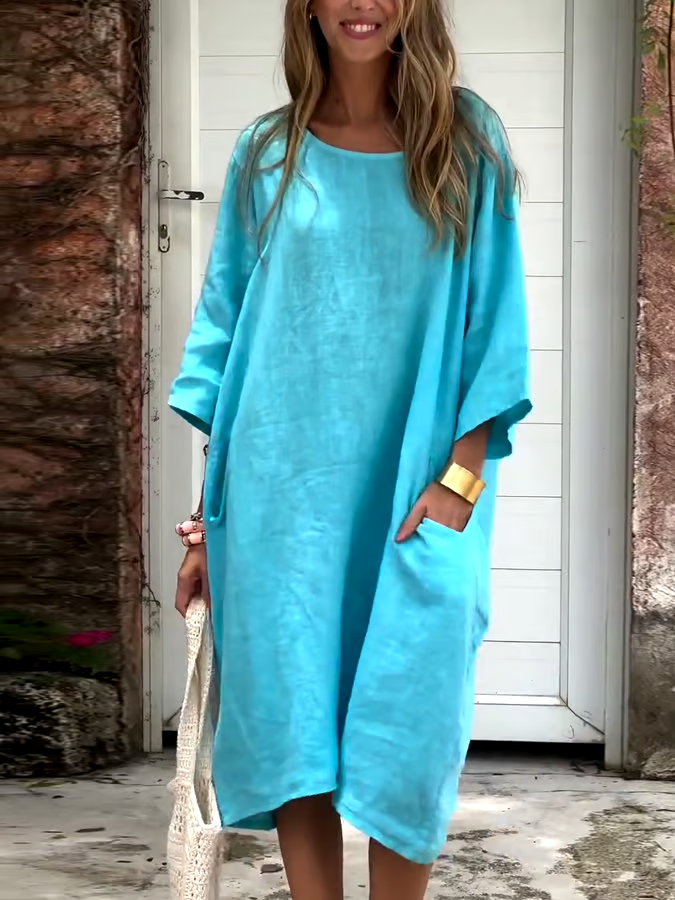 Women'S Casual Solid Color Loose Cotton And Linen Dress