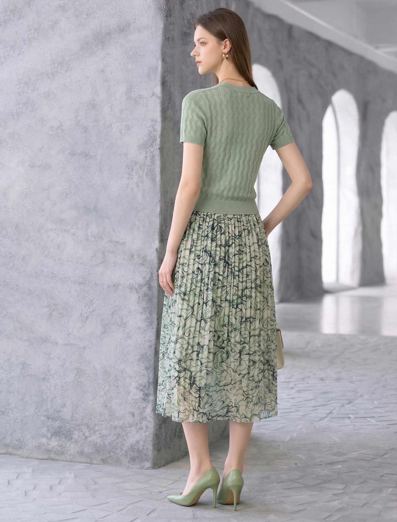 Wavy Openwork Tencel Linen Henley Knit Top